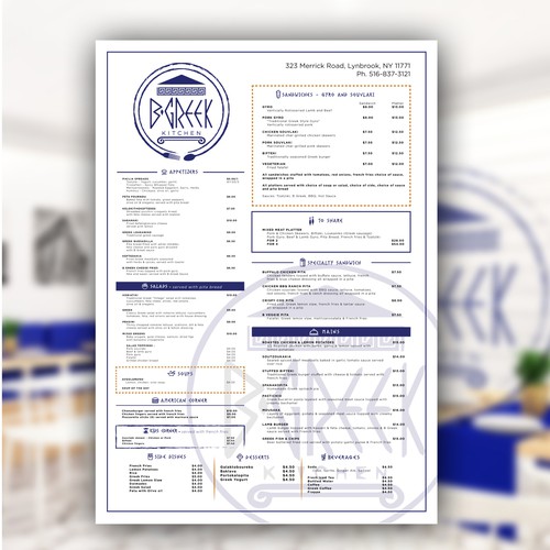 Menu Design for B Greek Restaurant