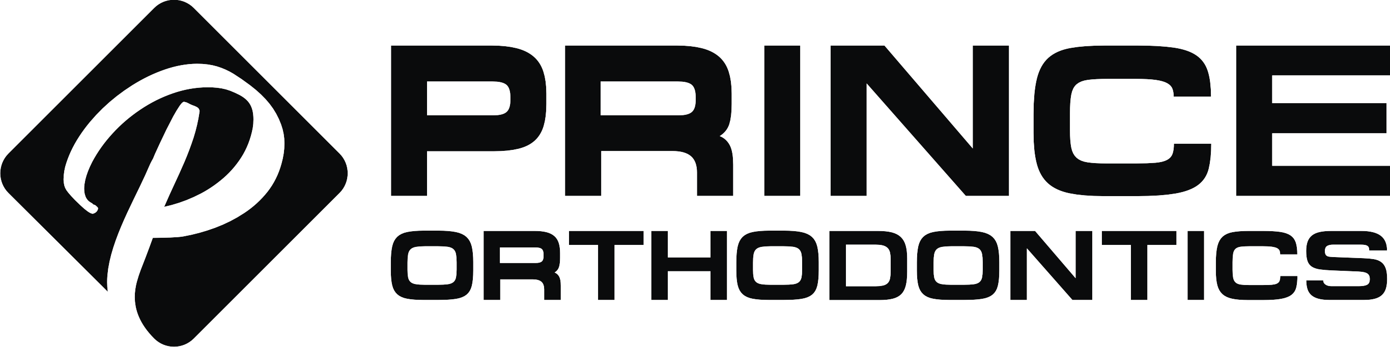 Prince Orthodontics blue logos on a black background