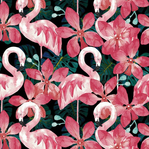  Seamless jungle textile pattern with flamingos