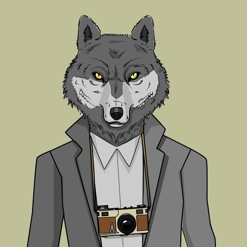 Create a strong male wolf surrounded by photography.