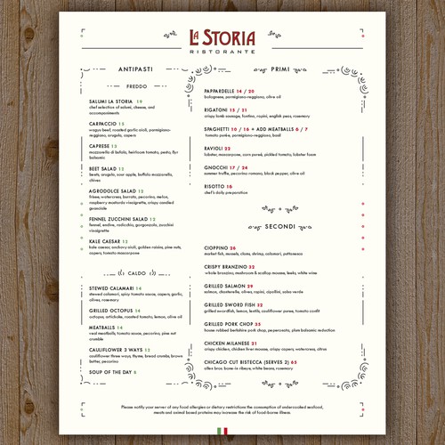 Dinner menu concept for an italian restaurant