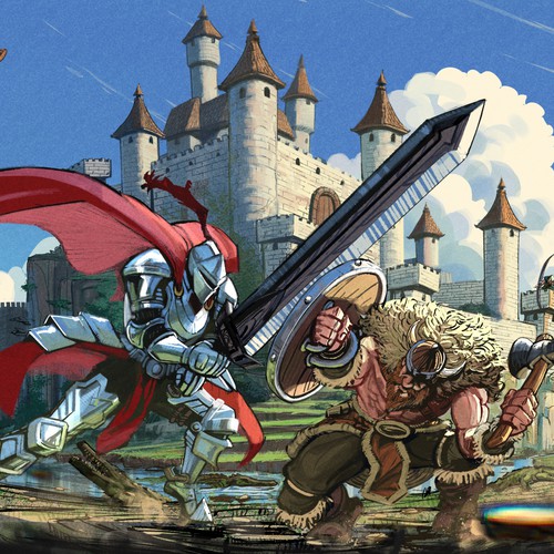 an epic fight between a Viking and a knight in armor