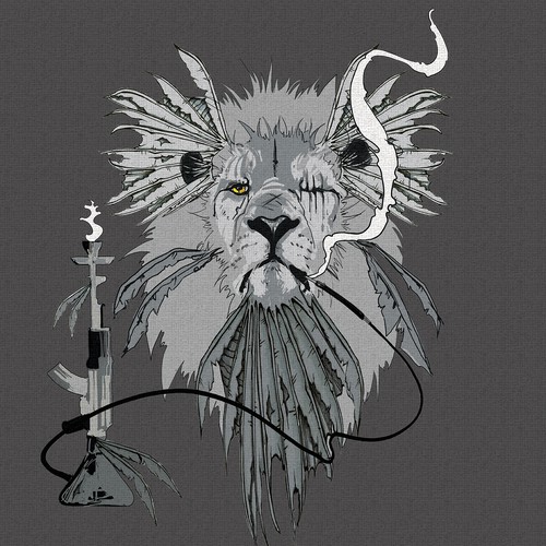 Lion smoking a hookah