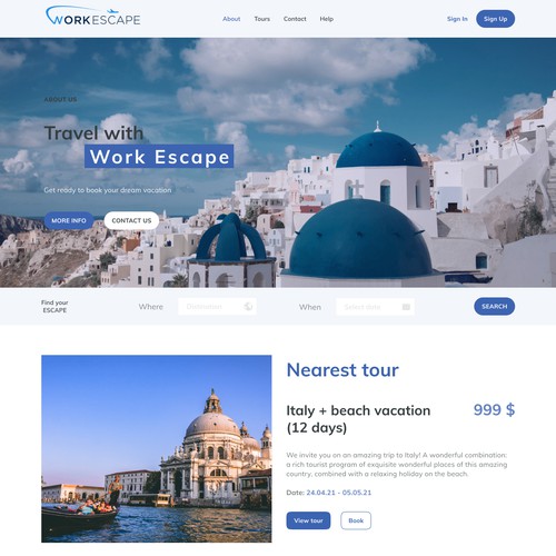 Landing page for a travel company Work Escape