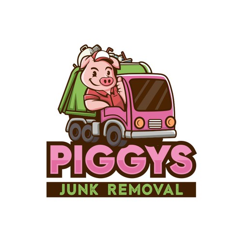 pig mascot character logo design, junk removal, truck