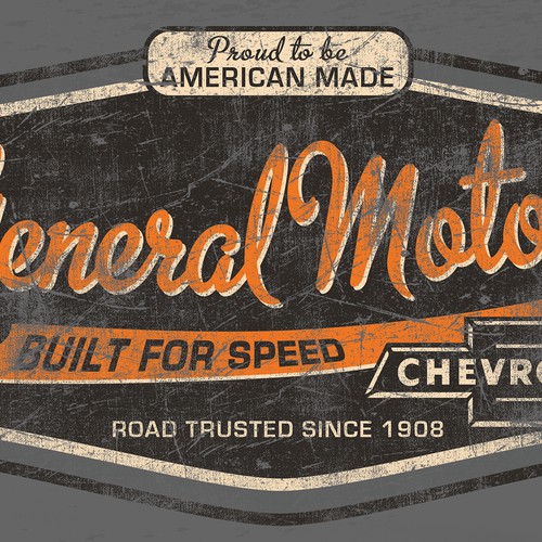 Create a GENERAL MOTORS garage, auto shop, vintage design for a MENS TSHIRT