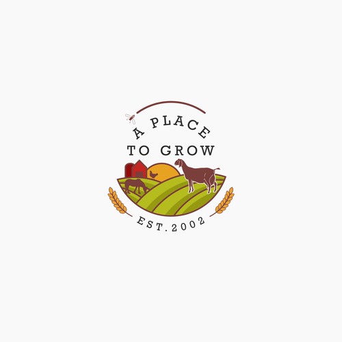 Logo for small urban organic farm with horses goats chickens bees and kids.