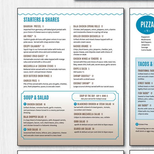 Upscale menu for beach themed restaurant