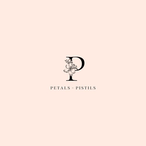 Delicate hand drawn magnolia & P letter - logo for floral design brand