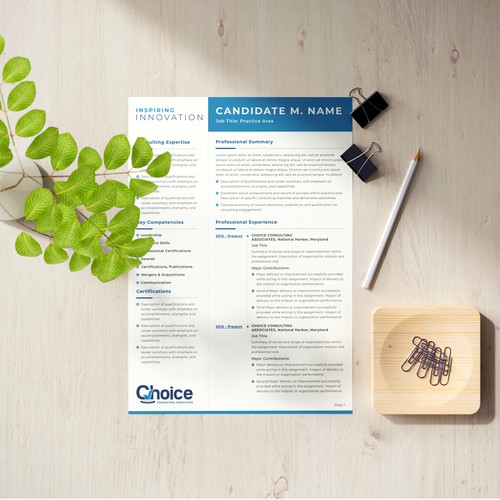Professional and stylish resume for Choice Consulting Associates