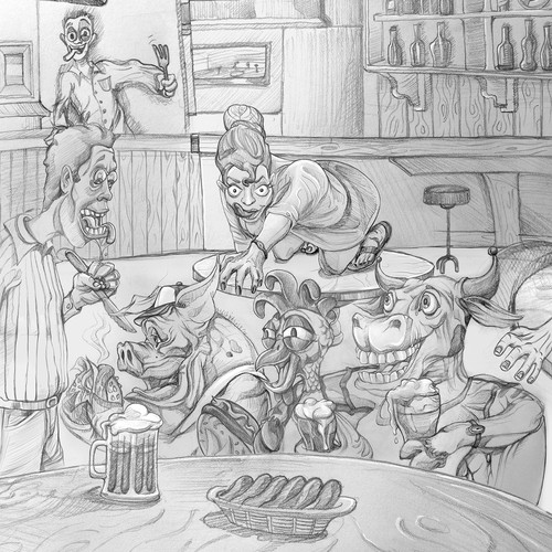 Funny Cartoon Illustration - Cow, Pig and Chicken in a Bar Contest!