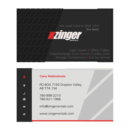 Business Card for Zinger Rentals