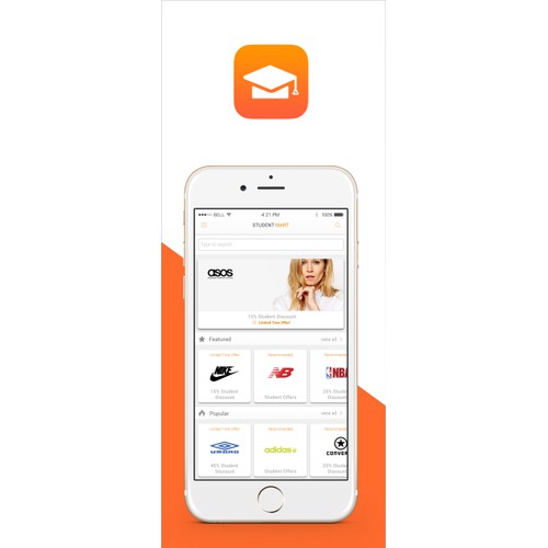 Simple and clean design for student discounts app.