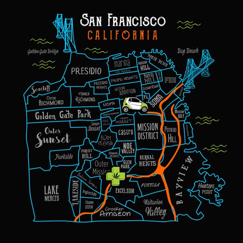 vibrant map of SAN FRANCISCO CALIFORNIA for THE GREEN CROSS (medical marijuana)