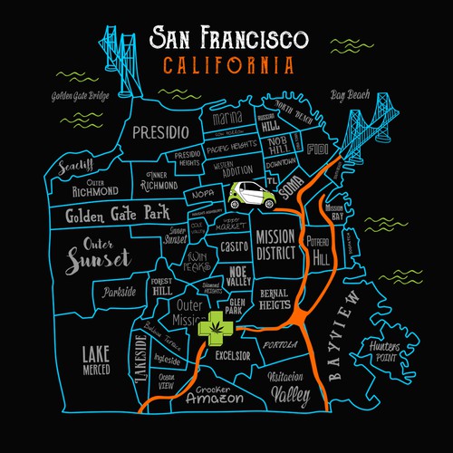 vibrant map of SAN FRANCISCO CALIFORNIA for THE GREEN CROSS (medical marijuana)