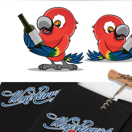 Cartoony logo featuring a parrot drinking wine!