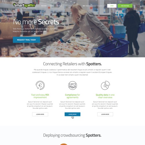 2-page website for SmartSpotter: conventional breaking crowdsourcing platform (global retail)