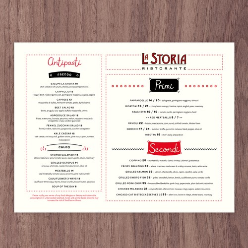 Dinner menu design for an Italian Restaurant