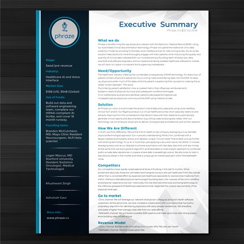 Healthcare Startup Executive Summary flier