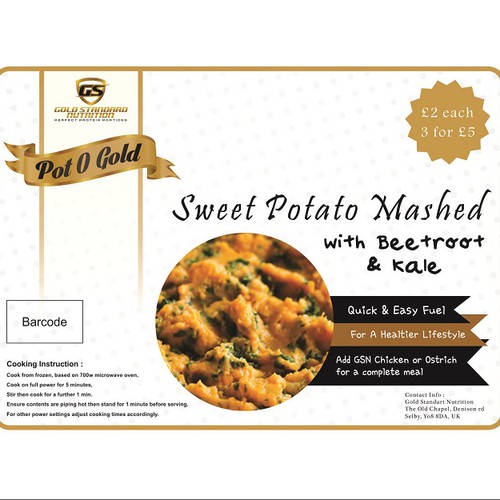 Create a label for a sweet potato mash aimed at the health industry