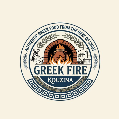concept de logo GREEK FIRE KOUZINA