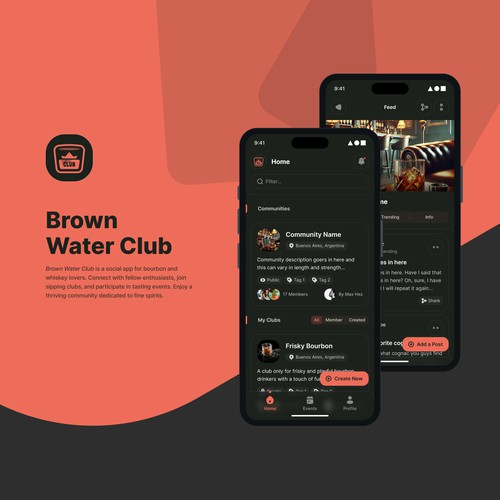 Bourbon Whiskey Social Club Dark-themed Mobile App Design