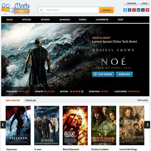 Homepage for entertaining movie website