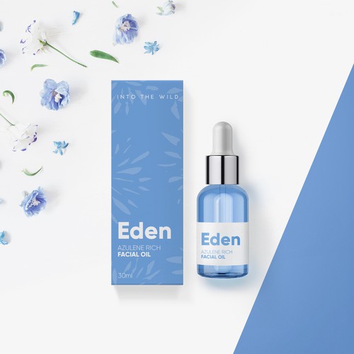 Packaging design for facial oil with blue flowers