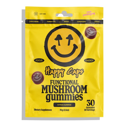Happy Caps Functional Mushroom Gummies 30ct Pouch Design