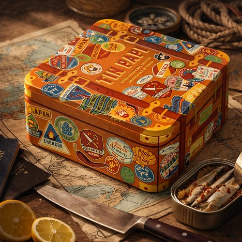 Tin Packaging Design – Illustrated Travel Stickers, Food Branding, Vintage Style