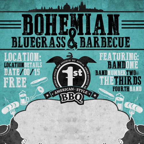 Create a vintage Americana flyer for a BBQ/Bluegrass festival in Prague