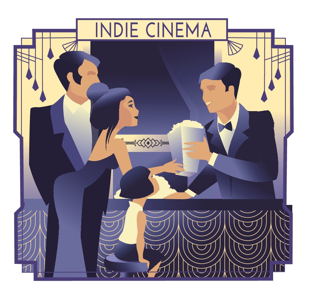 Illustrate an employee serving a customer at an elegant movie theater