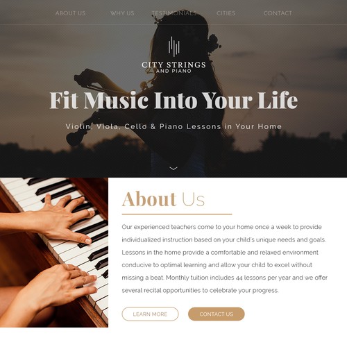 Landing page for music school