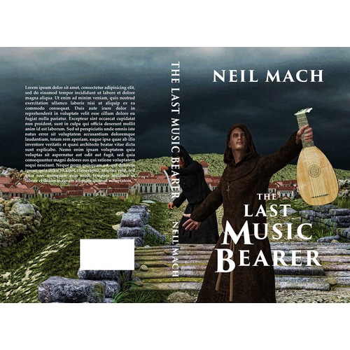 Create a cover image for a Fantasy Fiction Book about a wandering monk who keeps music alive