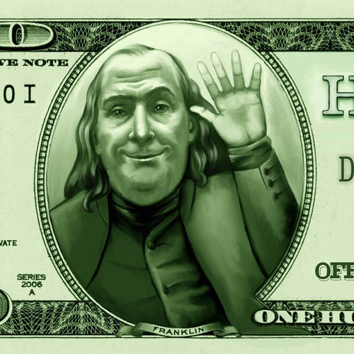 Ben Franklin Highfiving $100 promo illustration