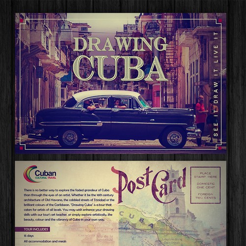 Post Card for Cuabn Cultural travel "Drawing Cuba" tour.