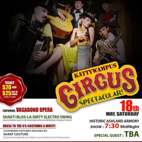 Create the next postcard or flyer for kattywampus Circus Spectacular