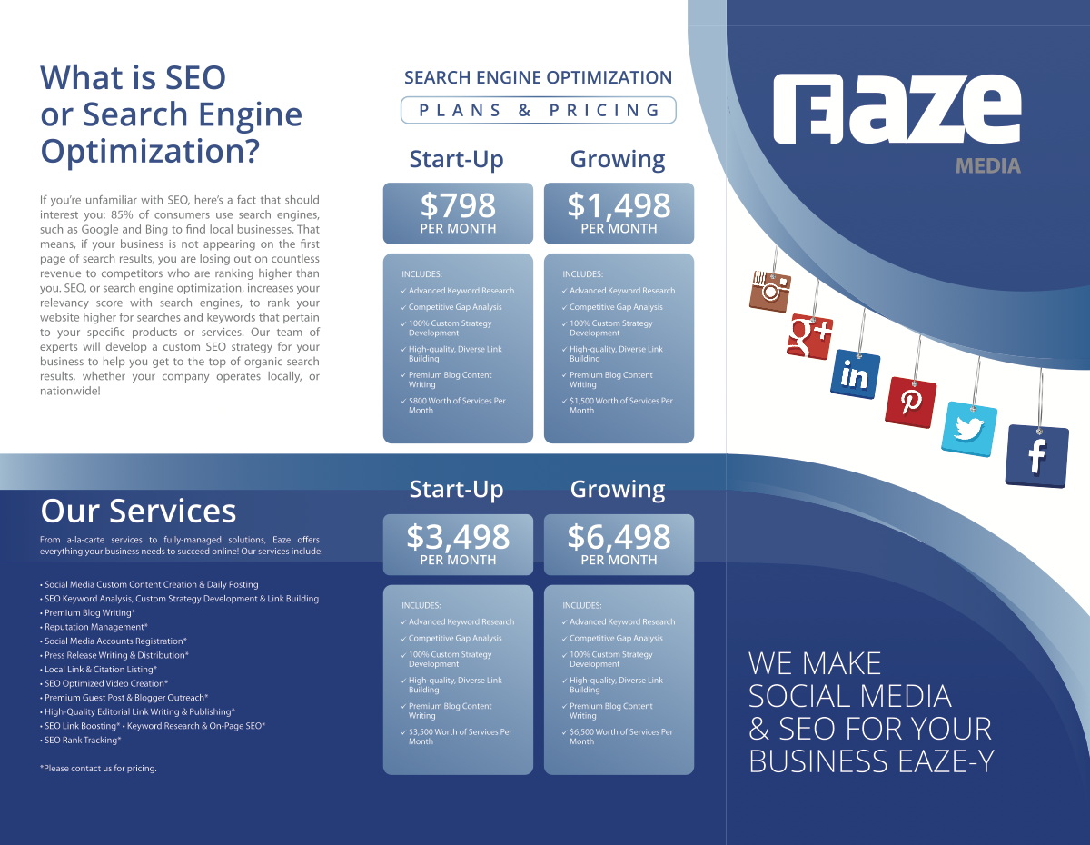 I need 1 full page print ad designed for SalonPro Equipment & 1 NEW 8.5" x 11" trifold brochure for EAZE MEDIA