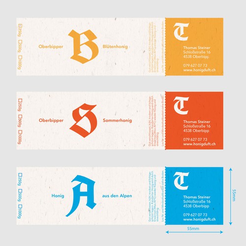 Labels and brand identity for a Swiss beekeeper.
