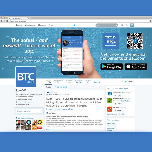 Bold twitter banner with a little bit of fun, for bitcoin app.