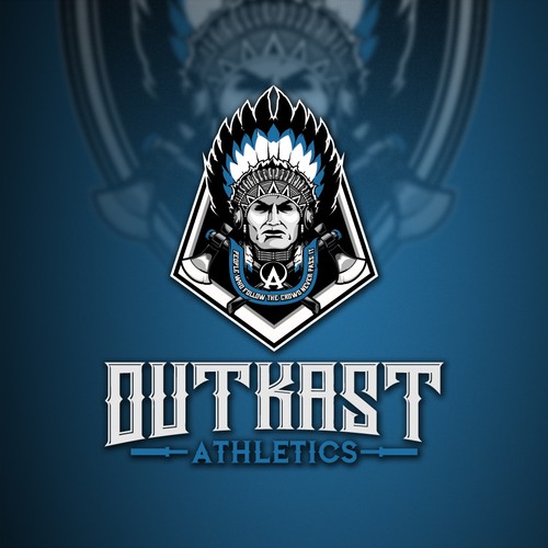 Native American Warrior character with cross ax for OUTKAST ATHLETICS logo