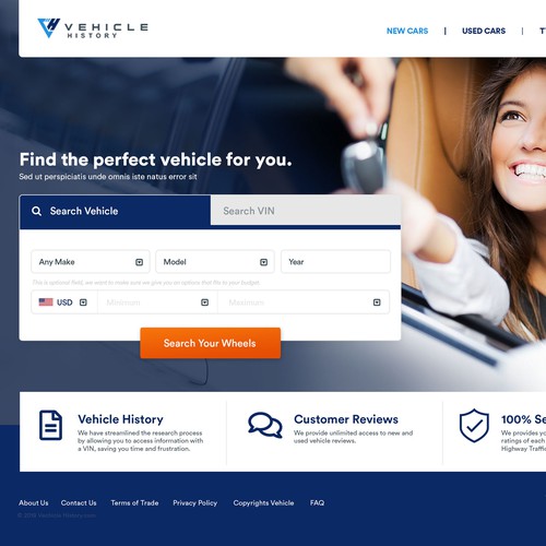 Homepage for a vehicle research 