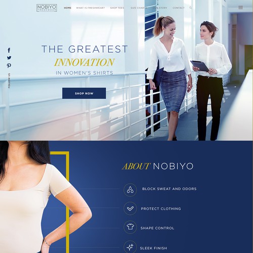 Design Home Page for Nobiyo Freshwear - Luxurious sweat/odor blocking shirt technology for women