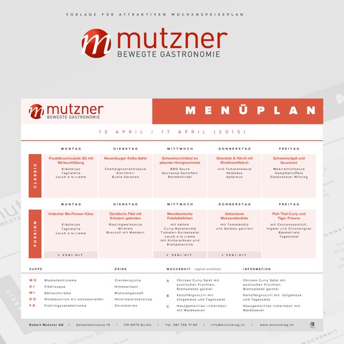 Excel and PDF design for a menu plan