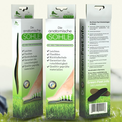 Product packaging design for  shoe inserts "Green Feet"