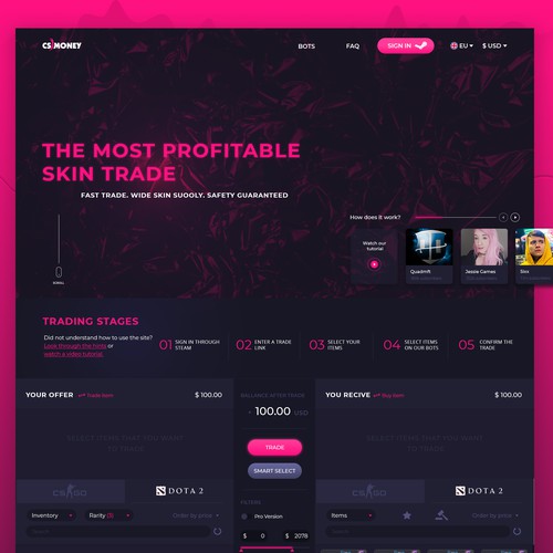 Bold pink concept for skin trade platform 