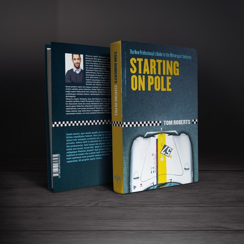 Book cover for Professional guide to the motorsport industry. Blue with a ​silver car and yellow headline.Book cover design for Motorsport industry guide