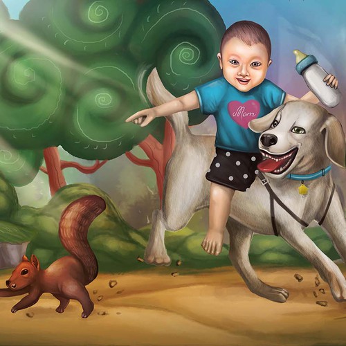 Draw my son riding my dog chasing a squirrel (for a gift)