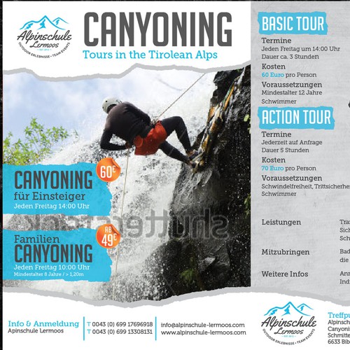 Create a powerful, sporty and creative Flyer for our CANYONING - Tours in the Tirolean Alps (Austria