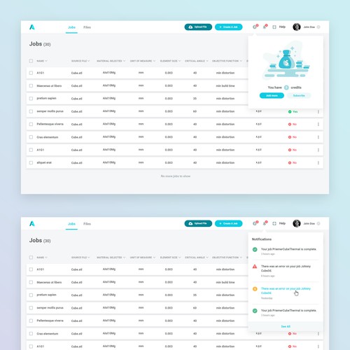 Jobs listing dashboard interface